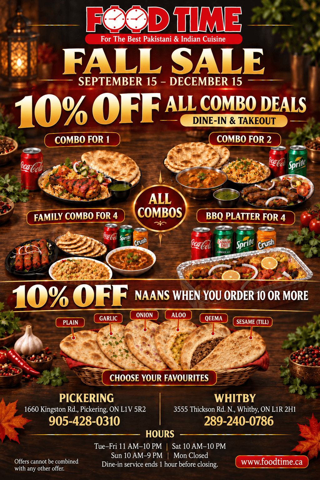 Food Time Fall Sale: 10% off all combo deals and naans when you order 10 or more.