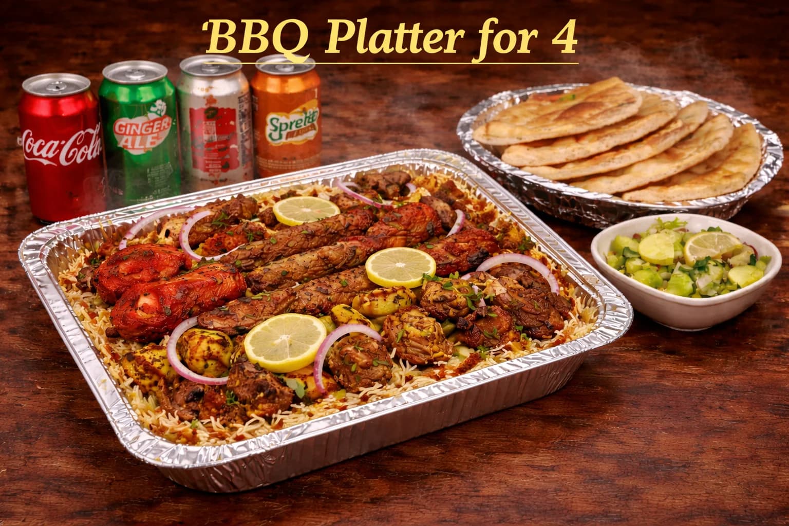 BBQ Platter for 4 — chicken tikka, seekh kabab, bihari kabab and biryani rice