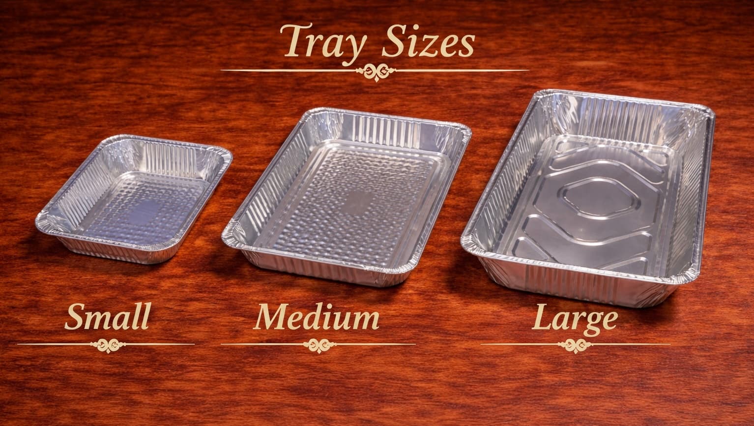 Party tray sizes — Small, Medium, Large aluminum trays